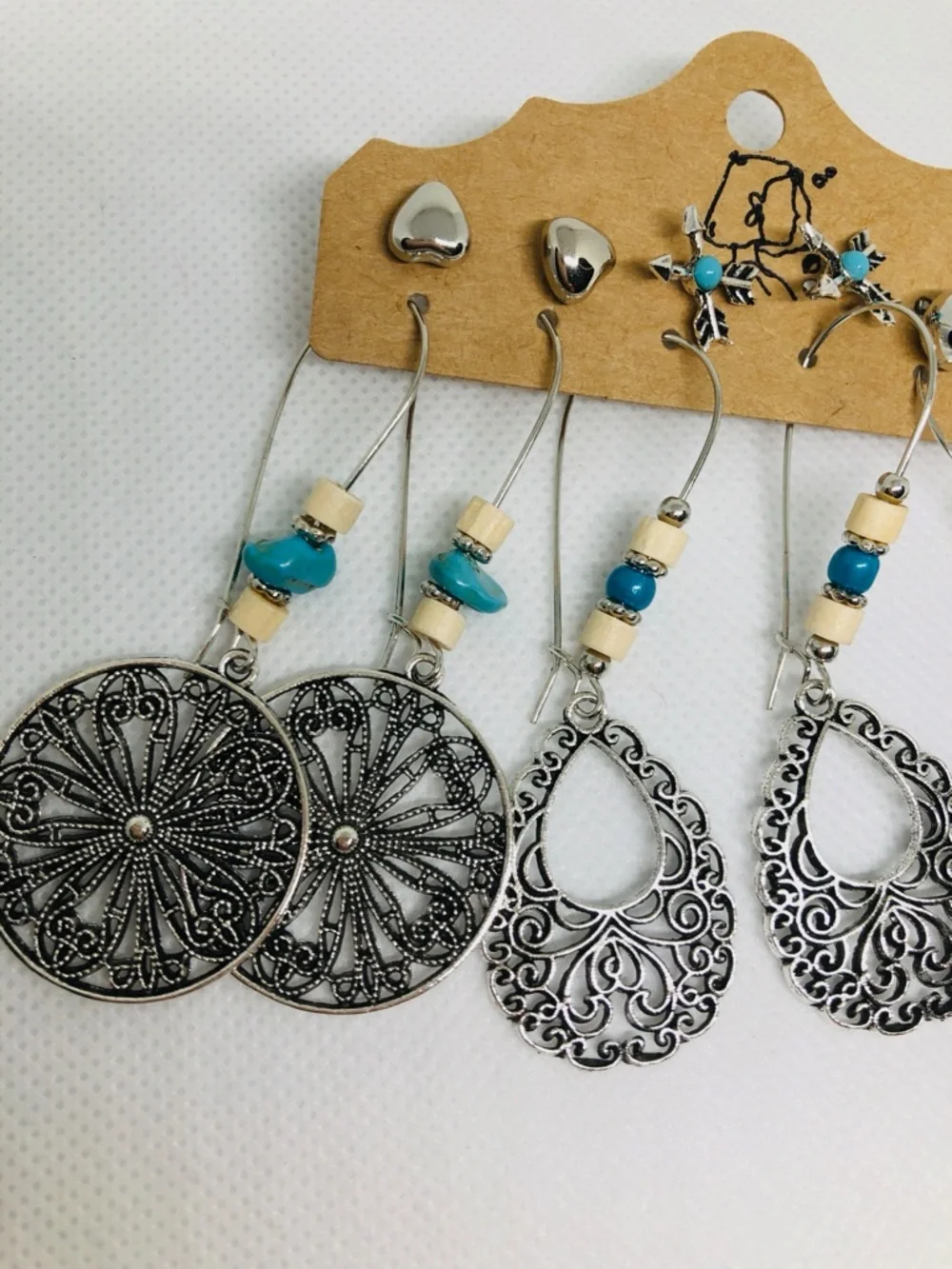 Boho Turquoise Silver and Wood Leaf Earring Set - Women Jewelry